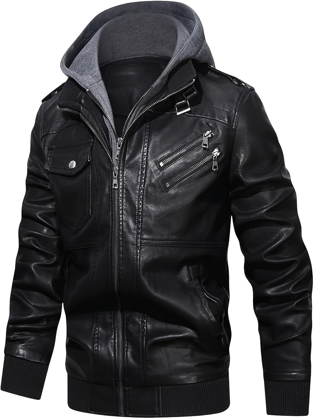 Men's High Quality Windproof PU Motorcycle Bomber Jacket with Removable Hood & Belted Hoodie Suitable for Riding, Winter, Spring, Fall - -Tear Windproof Bomber - product image 4