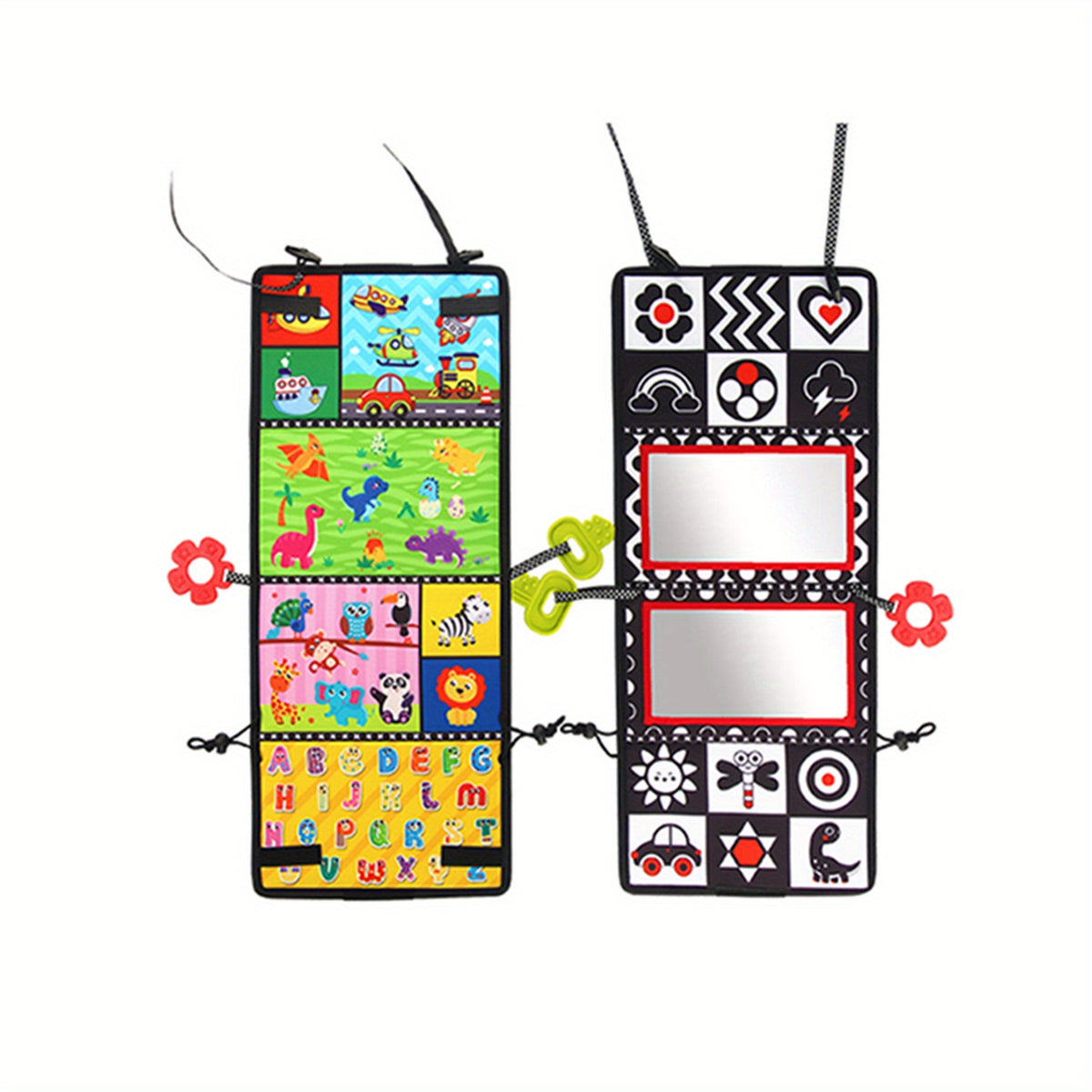 Double-Sided Tummy Time Floor Mirror with Teethers - Black & White High Contrast Baby Toys for Sensory Development, Crawling Aid with Interactive Animal & Geometric Patterns