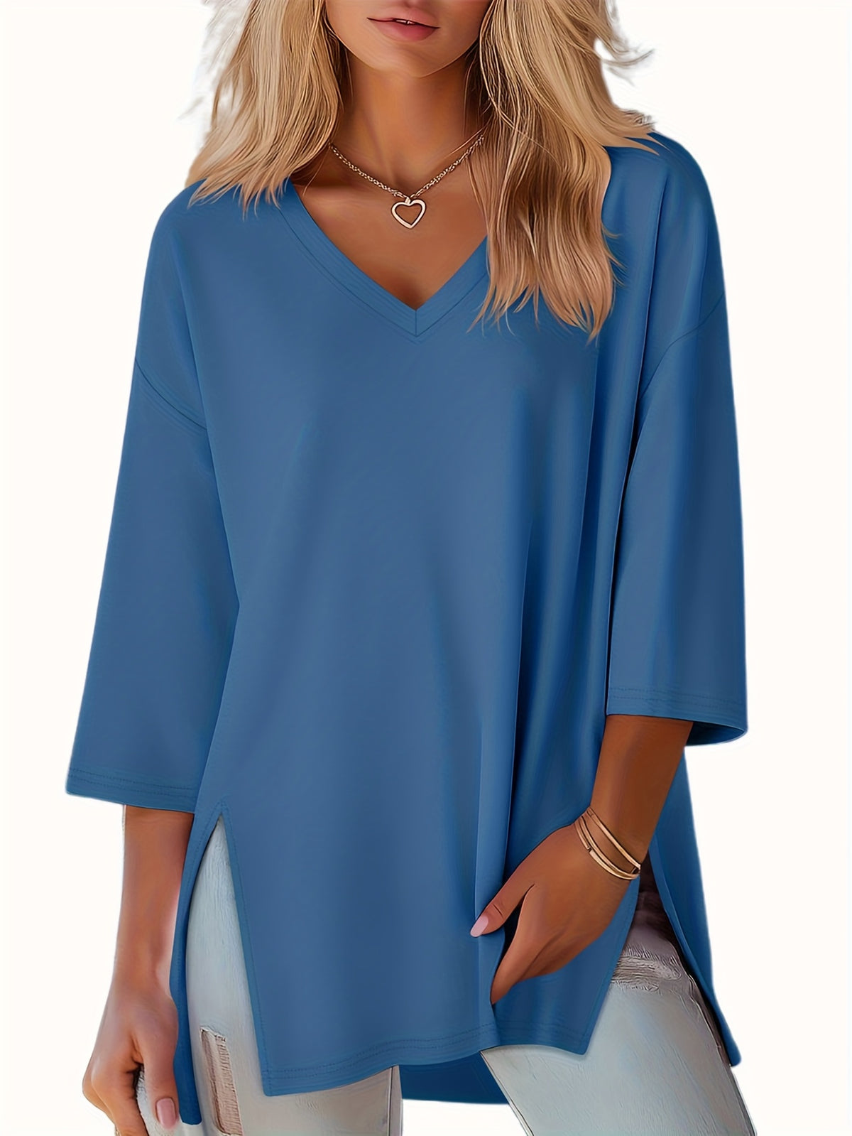 Three-piece Women's Fashion Large 3/4 Sleeve Top, V-neck y Casual Side-slit Shirt, Loose Basic Seven-quarter Sleeve T-shirt - product image 2