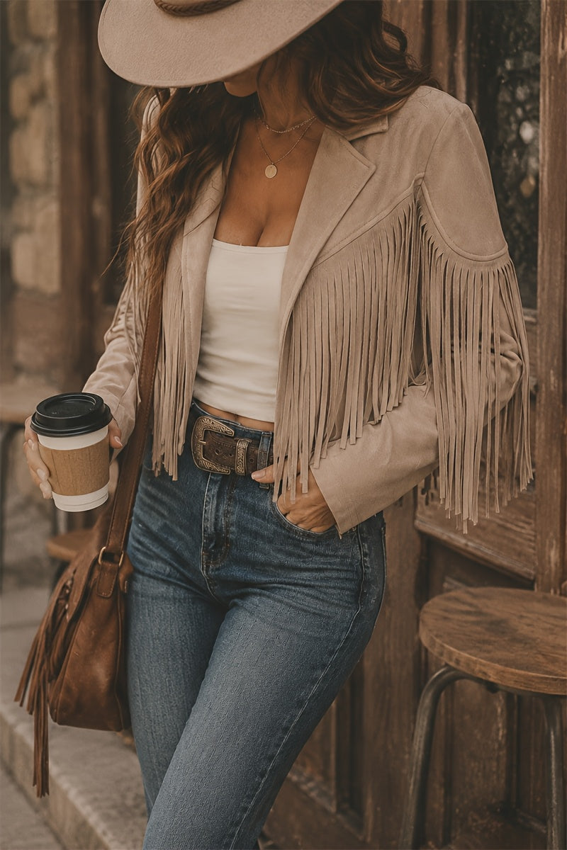 Women's Faux Fringe Jacket, Motorcycle Short Outerwear, 2026 Western Style Fashion Autumn/Winter Long Sleeve Denim Cardigan Jacket, Deer Velvet Faux Fringe - product image 9