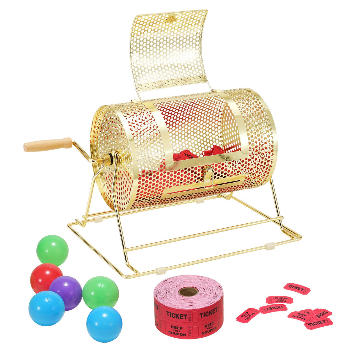 Brass Plated Metal Lottery Ticket Drum with Wooden Handle, Holds 2500 Tickets or 100 Ping Pong Balls, for Bingo Ballot Party Events Fundraisers Trade Shows – Raffle Drum Spinning Cage 12 Inch