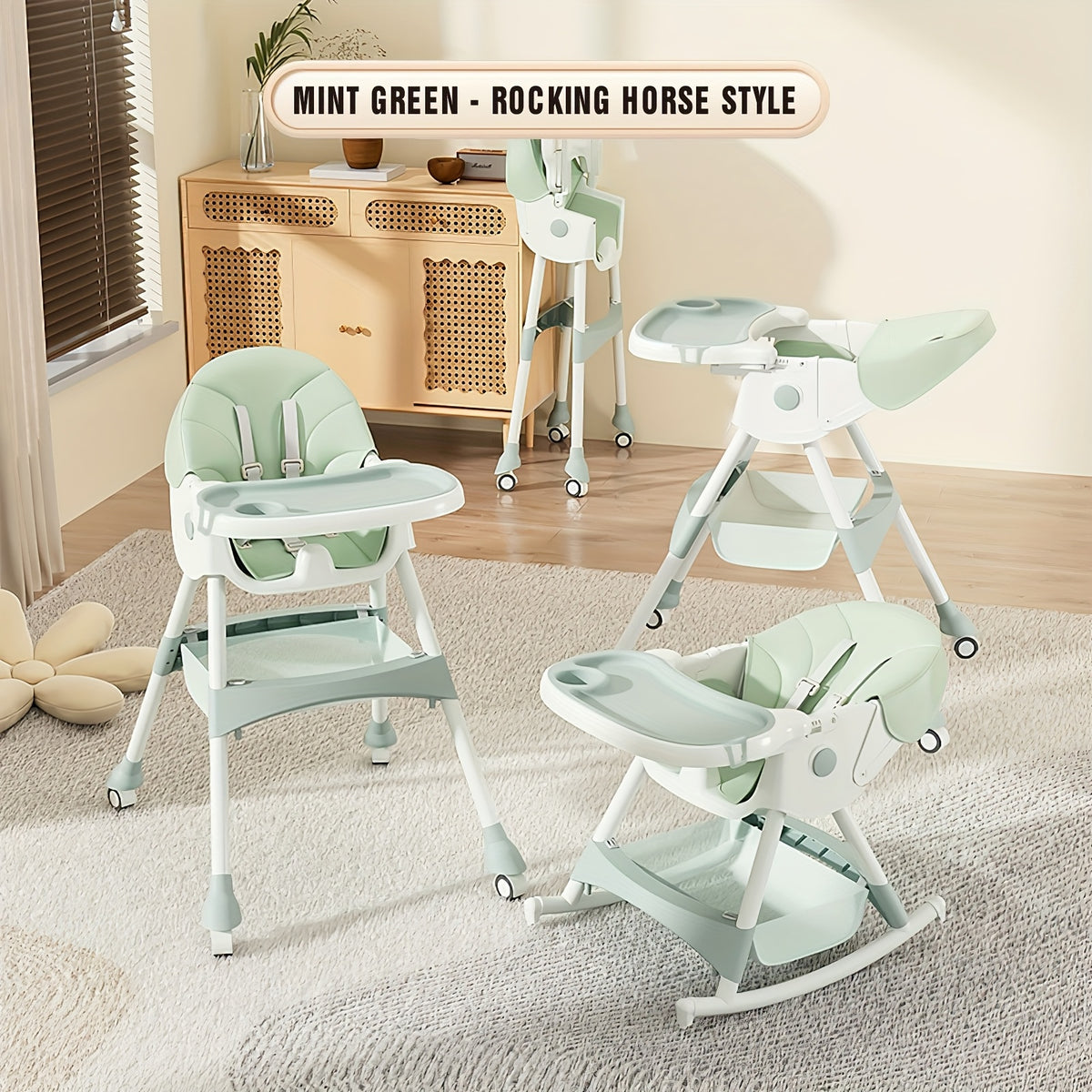 1 Adjustable Children's Dining Chair - Multifunctional, Portable, PU Leather, Blue And White Pattern, 5-point Seat Belt, with Tray Attached, Perfect for Home Use