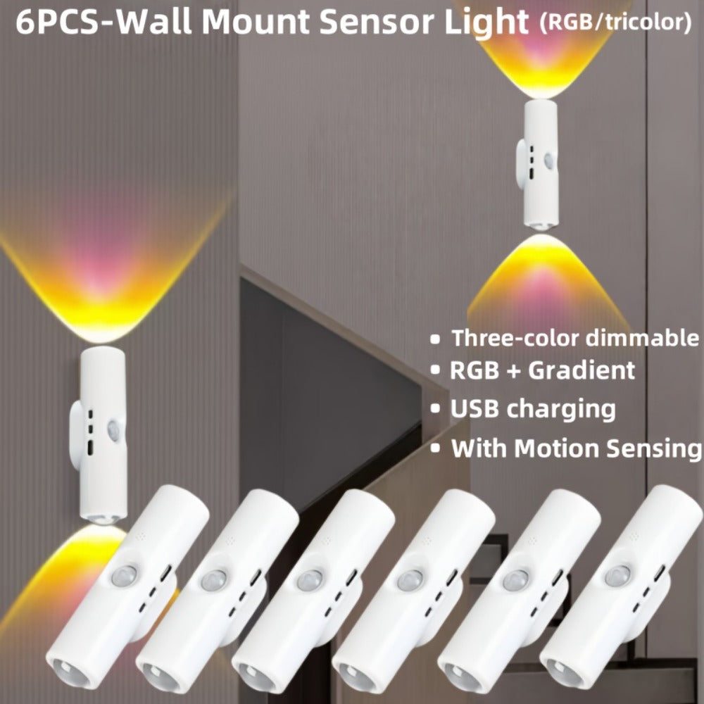 Cat Eye LED Wall Light Motion Sensor – 6 Pack USB Rechargeable Night Lamp, 3 Color Settings, Wireless Auto Sensing No Wiring for Bedroom Stairs Closet Bathroom Hallway (RGB / Three - product image 6