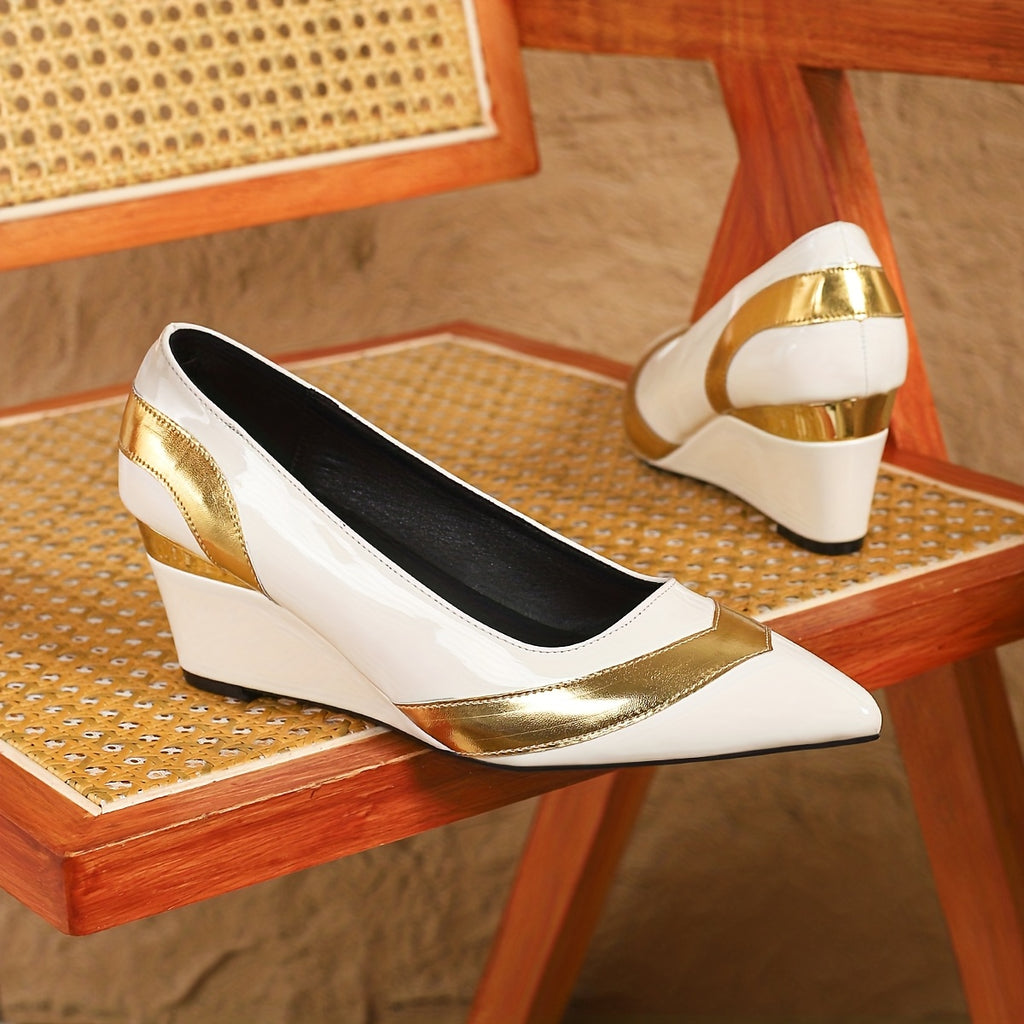 A Pair of Women's Single Shoes with Black and Golden Color, Pointed Toe, Thick-Soled Comfortable Wedge Heels, Fashionable Leisure Elegant High, Shopping Banquet Commuting Single Shoes