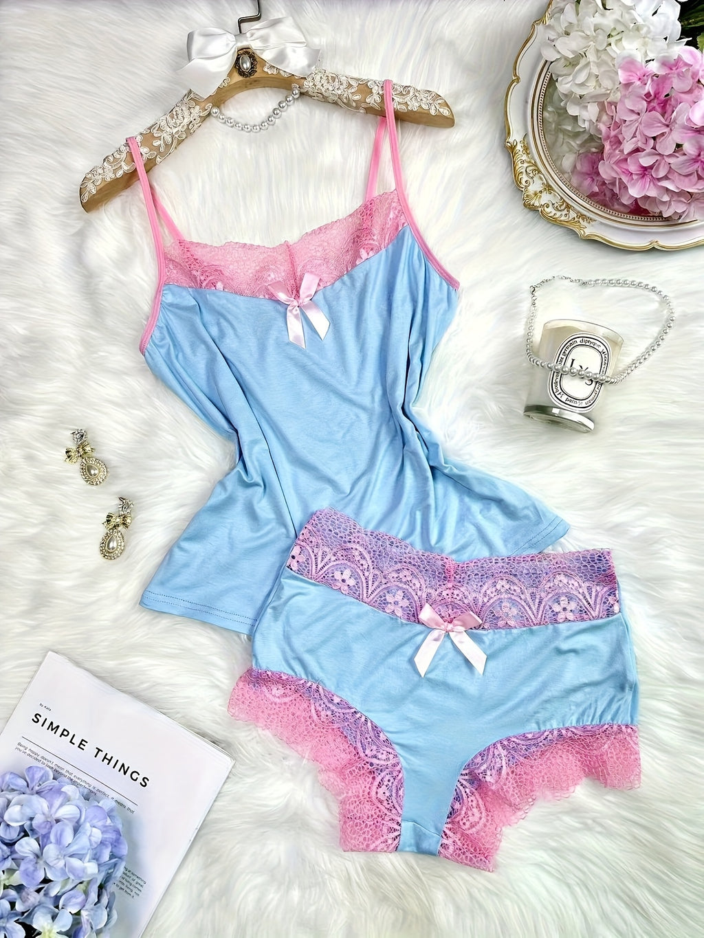 Contrast Color Lace Splicing V-Neck Bow Splicing Soft and Comfortable Skin-Friendly Casual Home Pajamas Set - product image 25