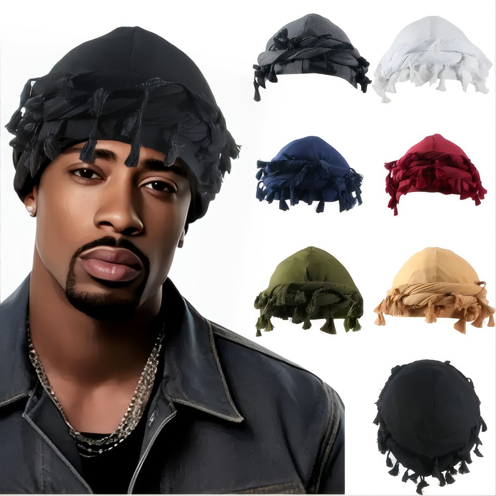 Soft Elastic Durag Head Wraps for Outdoor, Festival, Cosplay & Daily Wear, 4 Colors Green Yellow Red Blue, Unisex Gift Set – 5pcs Vintage Ethnic Turban for Men with Tassel