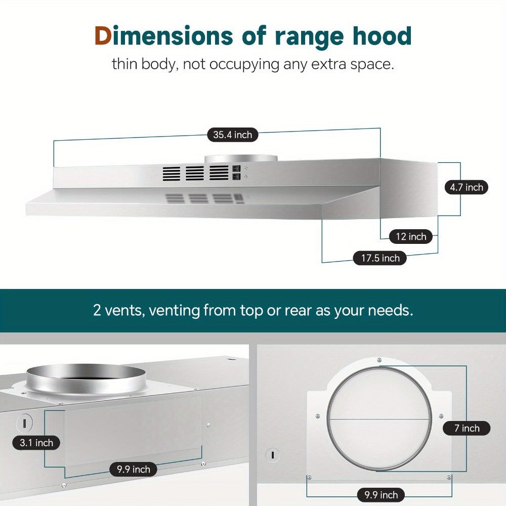 Range Hood 36 Inch Under Cabinet Ducted Ductless Convertible Stainless Steel 350CFM 2-Speed Exhaust Fan LED Light 3-Layer Aluminum Mesh Filter Top Rear Venting Kitchen Vent Hood - product image 22