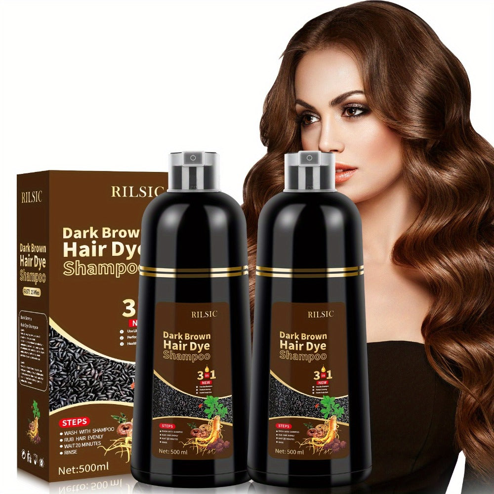 Grey Hair Coverage Shampoo 2 Pack 3-in-1 Herbal Hair Dye Kit with Plant-Based Squalane Colors in Minutes Includes Gloves Earmuffs Headgear Shawl Black Dark Brown Chestnut 500ml Eac - product image 5