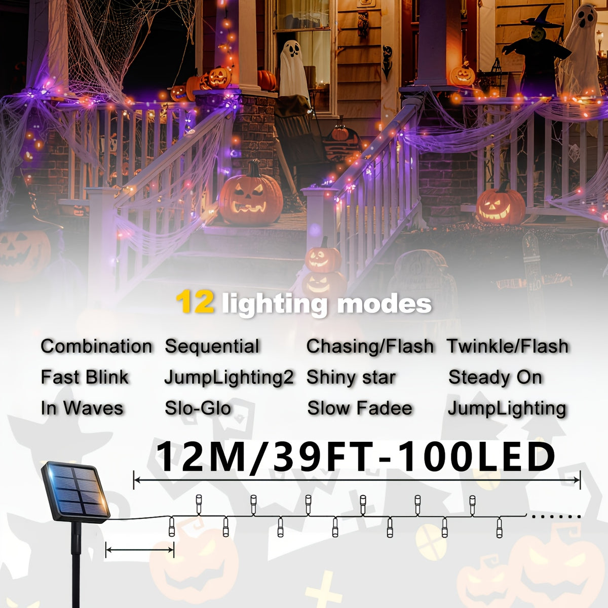1 Pack of Solar Halloween String Lights, Spooky Vibe 39FT-100LED Fairy Lights in Orange And Purple for a Creepy Atmosphere, IP65 Outdoor Splash-Proof, Festive Hanging Lights Suitable for Christmas Yards, Gardens, And Camping Parties