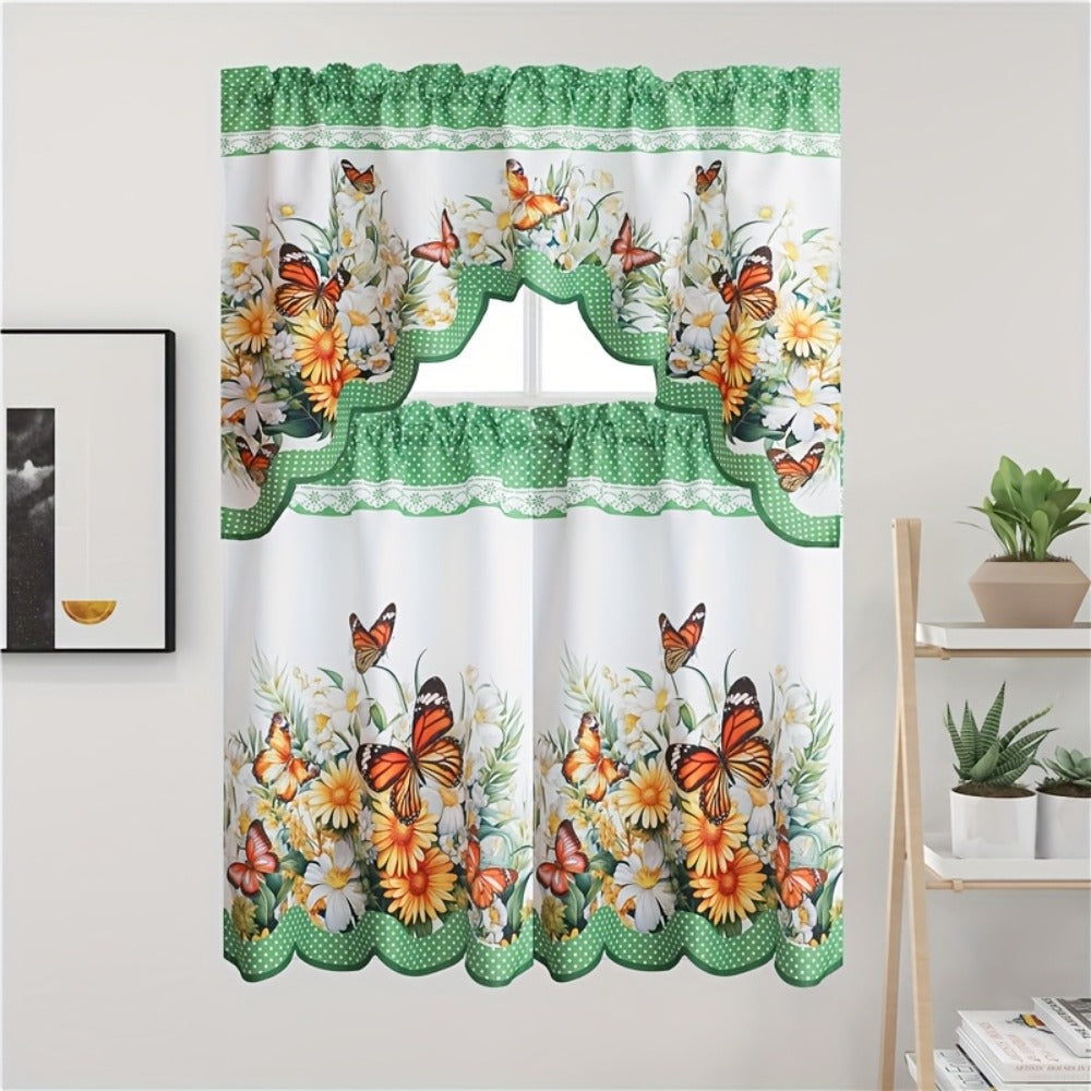 Blackout Kitchen Curtains 3-Piece Set with Butterfly Floral Print - Rod Pocket Window Curtains for Kitchen, Living Room, Bedroom, Bathroom & Restaurant, Polyester Fabric, Machine W - product image 5