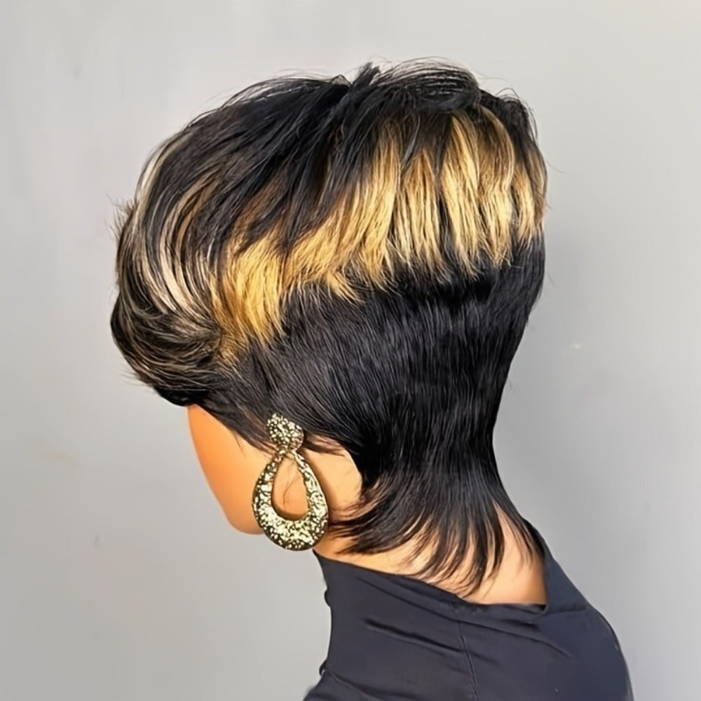 Short Pixie Cut Wig with Bangs Black Blonde Layered 4 Inch Rose Net Cap | Brown Blonde Mix Synthetic Wig for Black Women Daily Wear Office Party - product image 4