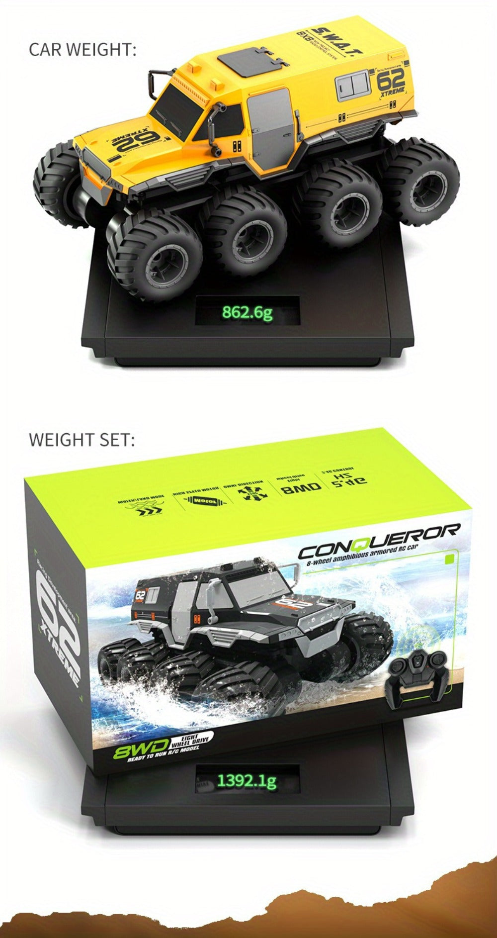 Amphibious RC Truck 8-Wheel Drive 4-Motor Off-Road Climbing Remote Control Armored Vehicle, Oversized All-Terrain Land & Water Military Truck Toy | Epic Gift - product image 12