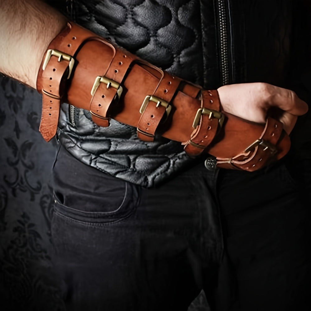 Fantasy Knight Archer Gauntlets for Cosplay Renaissance Faire Halloween Costume Adjustable Brown – LARP Arm Guards Medieval Embossed Faux Leather Elf Bracers