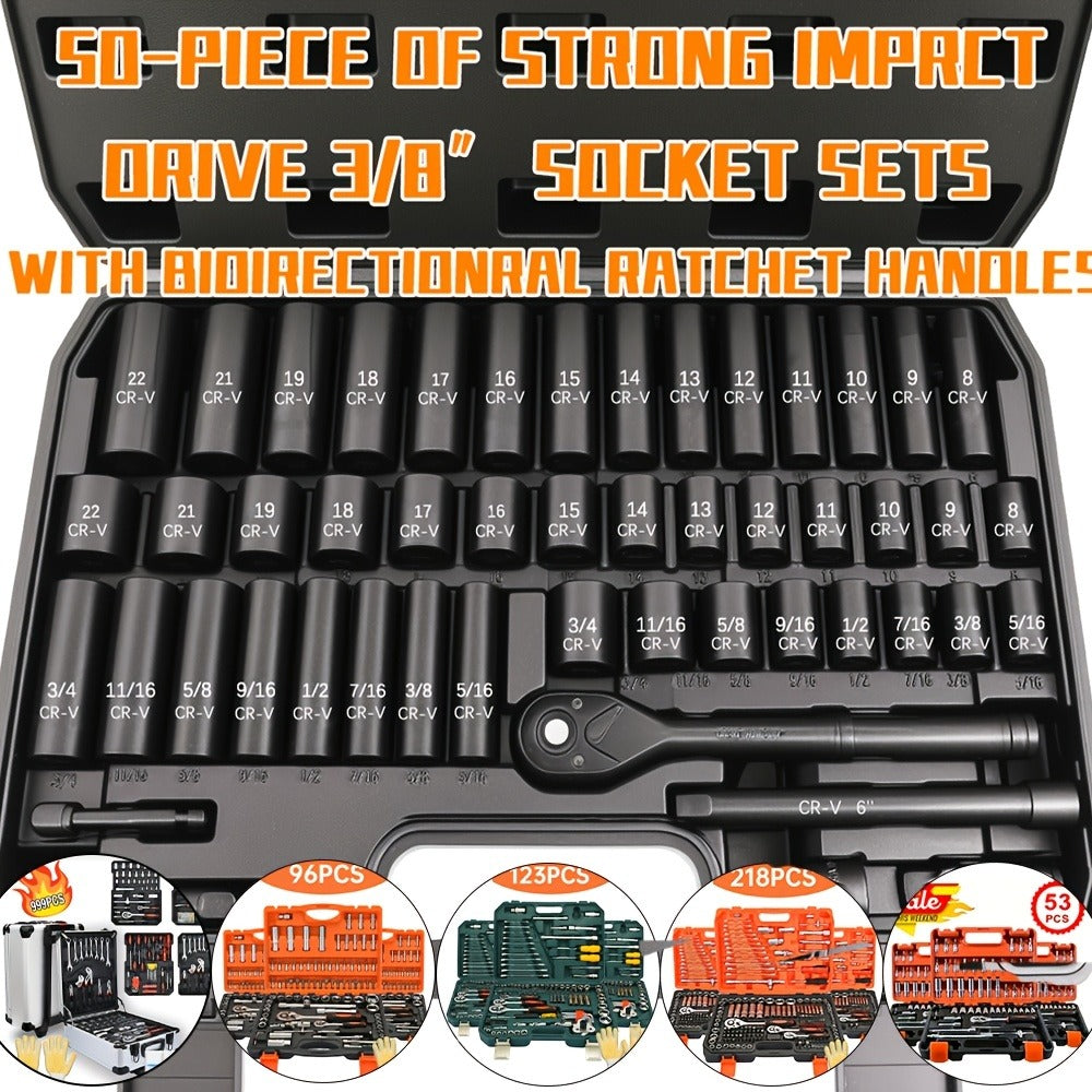 Ratchet Socket Wrench Set with Handle – 50/53/96/123/218/999PCS | 3/8" Drive CR-V Steel | Metric & Imperial Sizes | Car Maintenance, Boat & Home Repair Tool Kit for Mechanics - product image