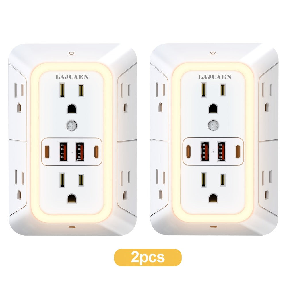 Outlet Splitter Wall Expander 10-in-1 with 6 AC Outlets 2 USB-A 2 USB-C Ports 3-Sided Plug Extender Surge Protector Night Light Compact Space-Saving Design for Home Dorm Apartment  - product image 9
