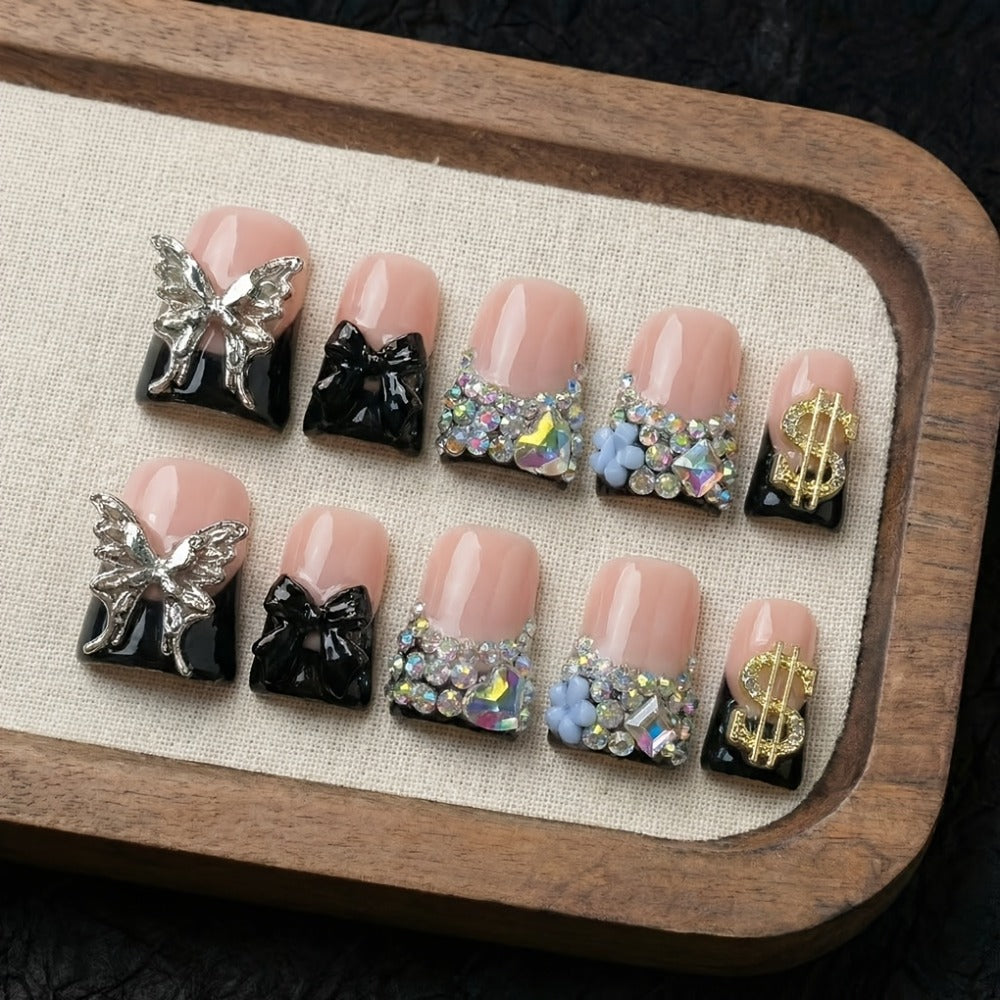 Black Nude Duckbill Press On Nails Medium Length – Glitter AB Rhinestone & Liquid Metal Butterfly Colorblock Handcrafted Acrylic Nail Set for Parties, Date Night & Daily Wear, 10pc - product image 6