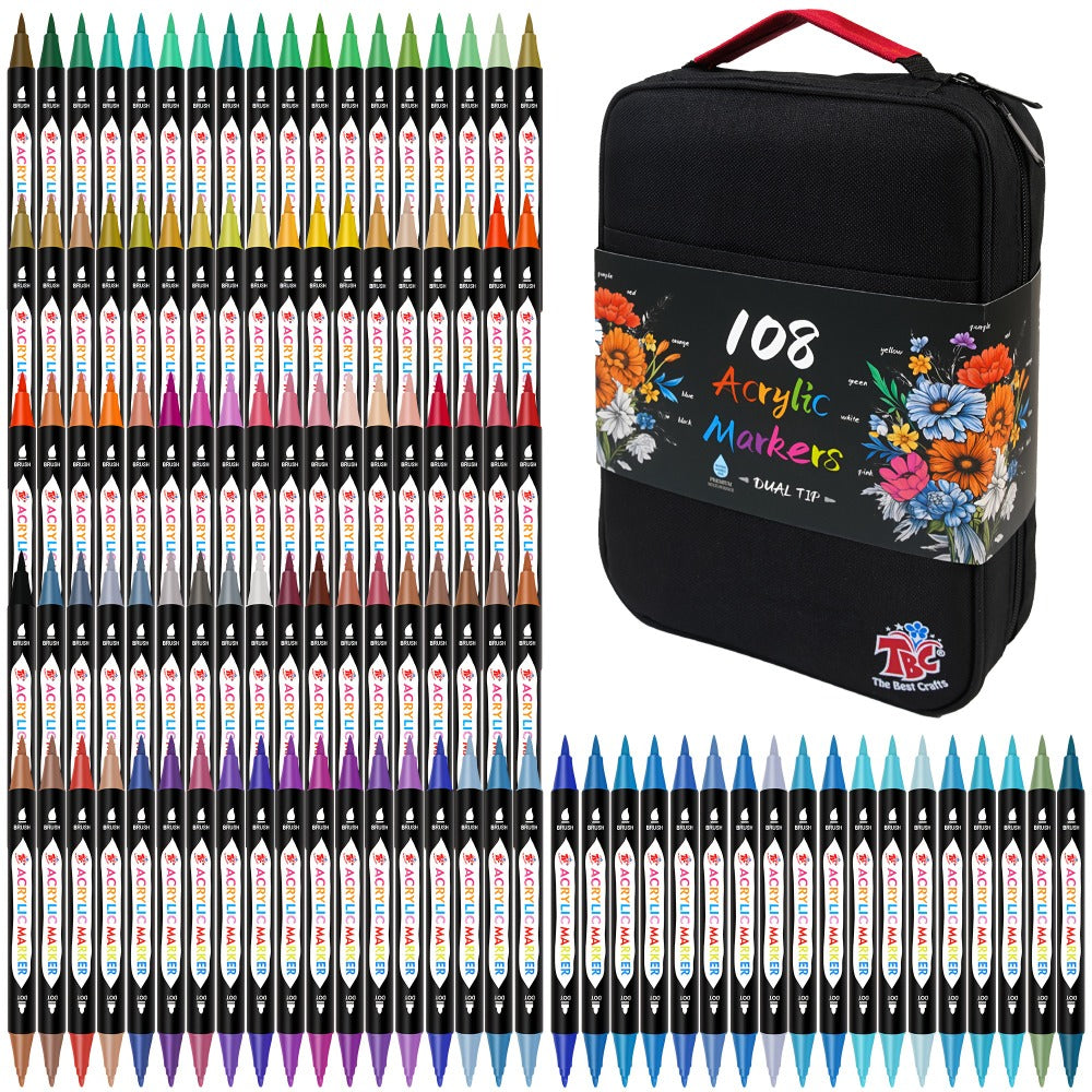 Double Zipper Premium Storage, Non-Toxic Odorless Paint Pens for Canvas Rock Wood Glass Fabric, Artist Gift – Acrylic Paint Markers with Canvas Bag Dual Tip 48 72 108 Colors