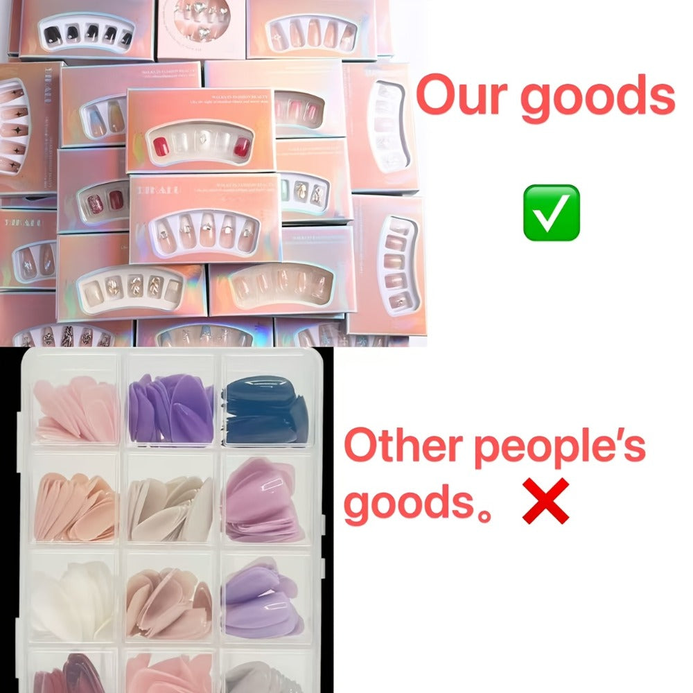 288pcs Press On Nails Mixed Color Square – White French Stripes Brown Blue Purple Gradient Glitter Heart Leaf Matte Reusable Fake Nails | Holiday Manicure Kit for Women | Valentine - product image 2