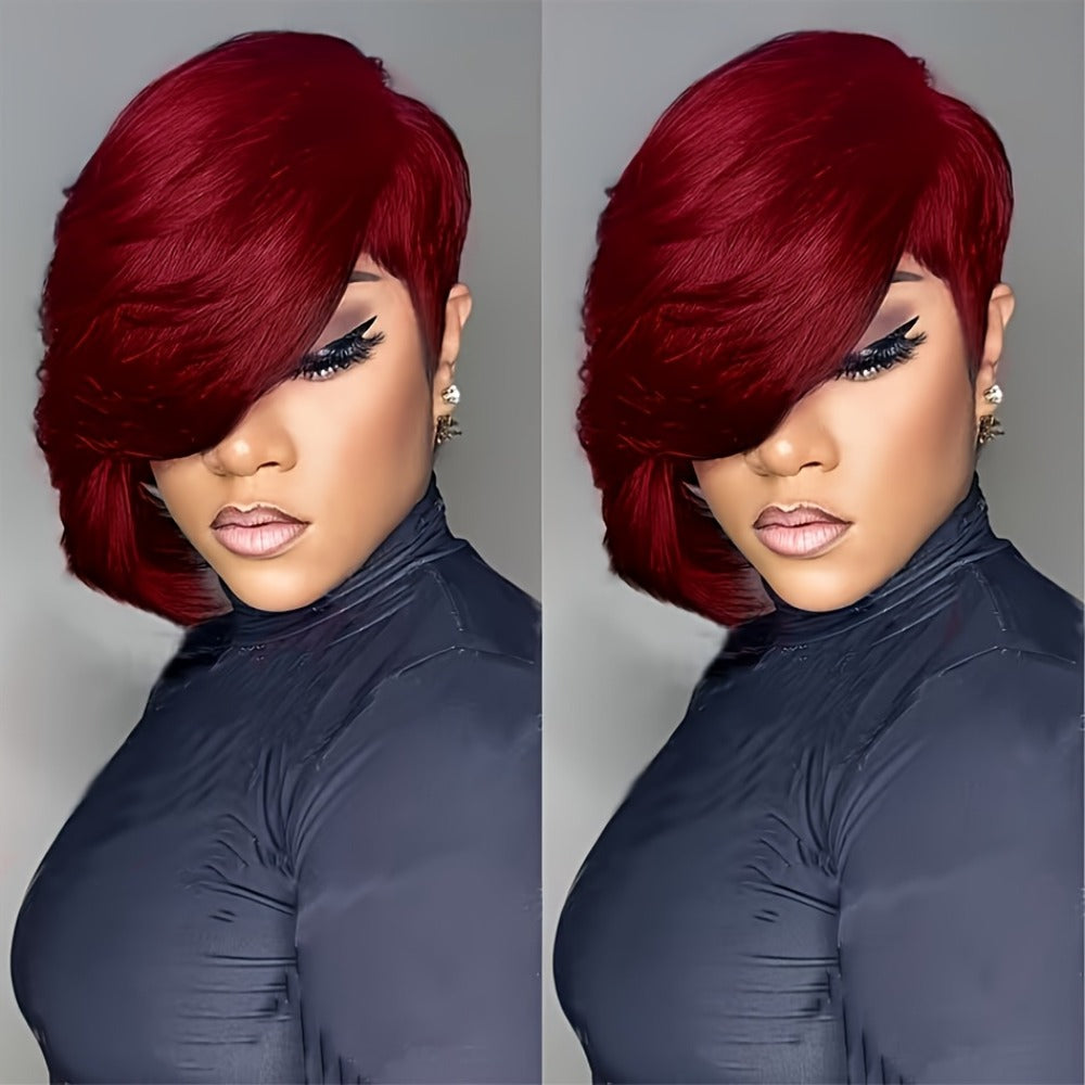 Pixie Cut Human Hair Wig with Bangs 8 Inch 200% Density Glueless | Side Part Layered Straight Rose Net Cap Throw On and Go | #1 #4 #99J Women Daily Party - product image 2