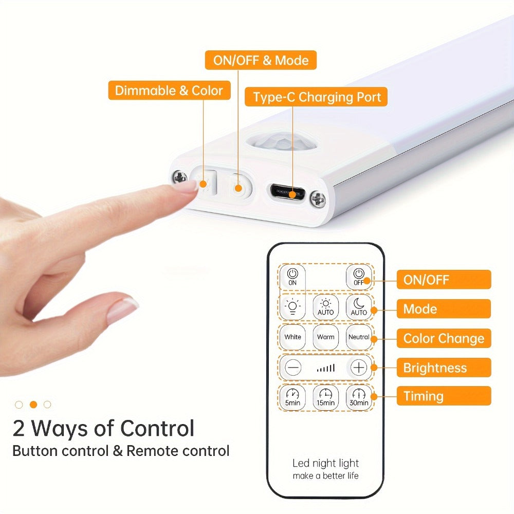 Motion Sensor Cabinet Light LED Under Cabinet Lights USB Rechargeable 3 Color Dimmable with Remote Control Magnetic Wireless Night Light for Kitchen Closet Wardrobe Cupboard Stairs - product image 6