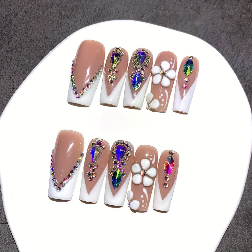 Press On Nails Square French Tip with AB Rhinestone & Handcrafted Floral Design – Nude White Glossy Luxury Nail Set 10pcs S/M/L for Wedding Bridal Party - product image 8