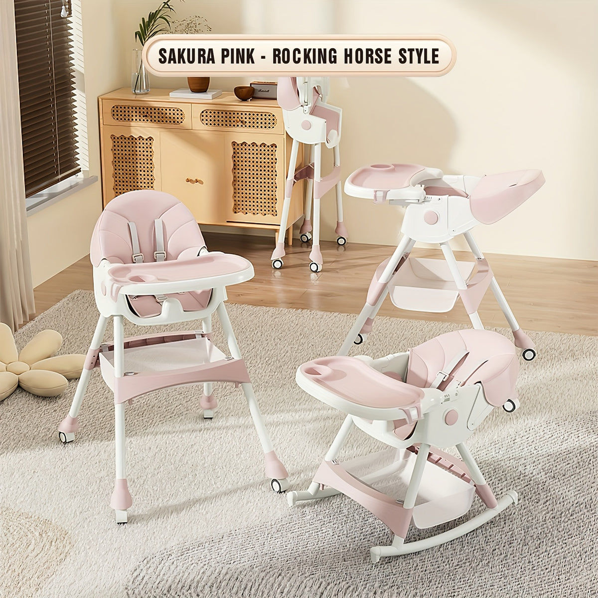 1 Adjustable Children's Dining Chair - Multifunctional, Portable, PU Leather, Blue And White Pattern, 5-point Seat Belt, with Tray Attached, Perfect for Home Use