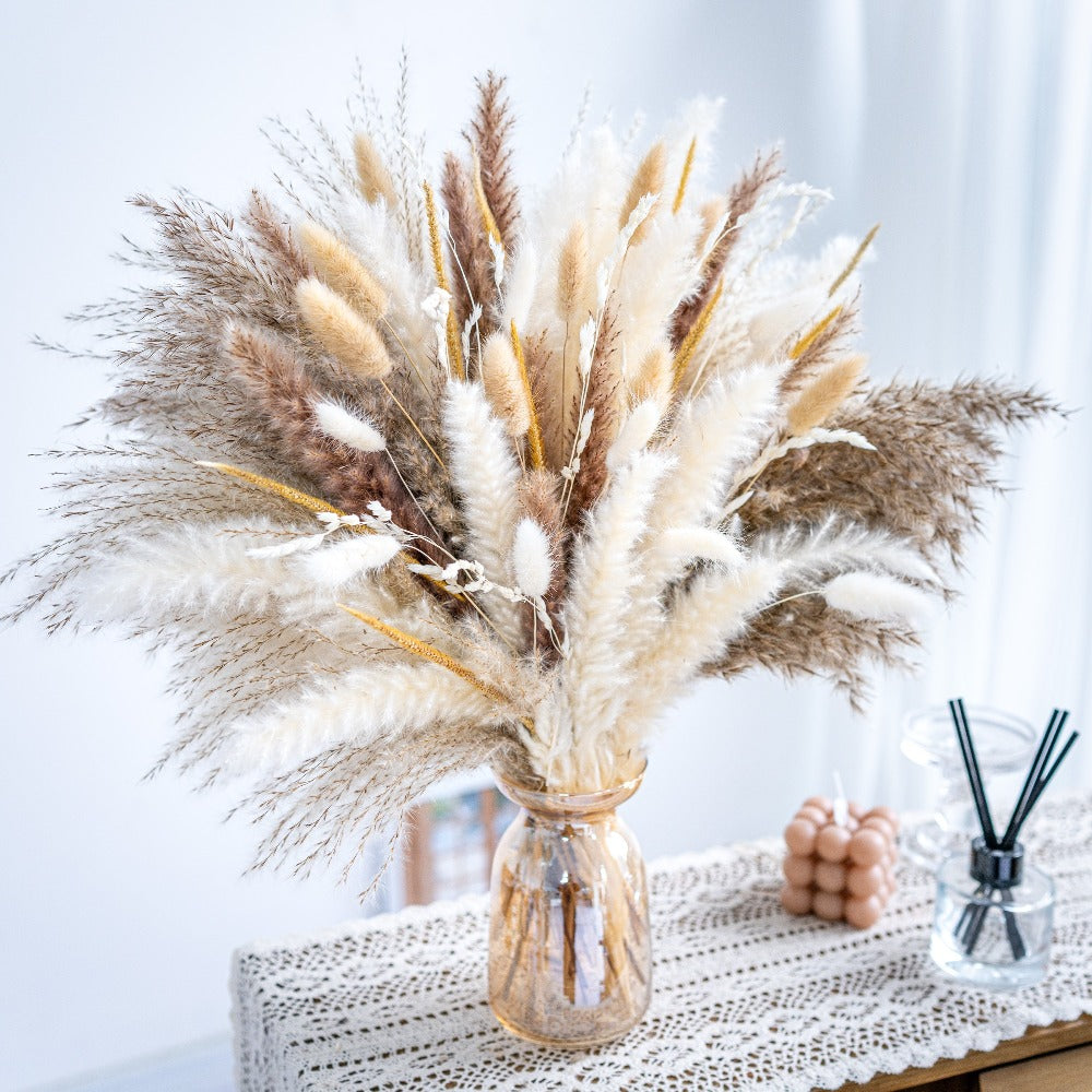 Natural Pampas Grass Decor Bouquet 105/120pcs Boho Dried Floral Arrangement - Centerpiece Table Decor for Wedding Living Room Rustic Boho Home Decoration Vase Filler - product image