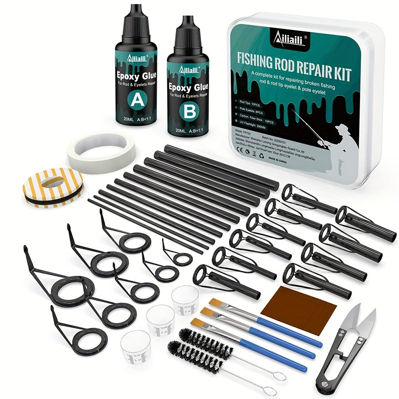 Fishing Rod Repair Kit with Top Rings Guides AB Epoxy Glue Winding Line Textured Paper Complete Rod Break Fix Set Iron Rod Guides Replacement Supplies FRT-02 - product image