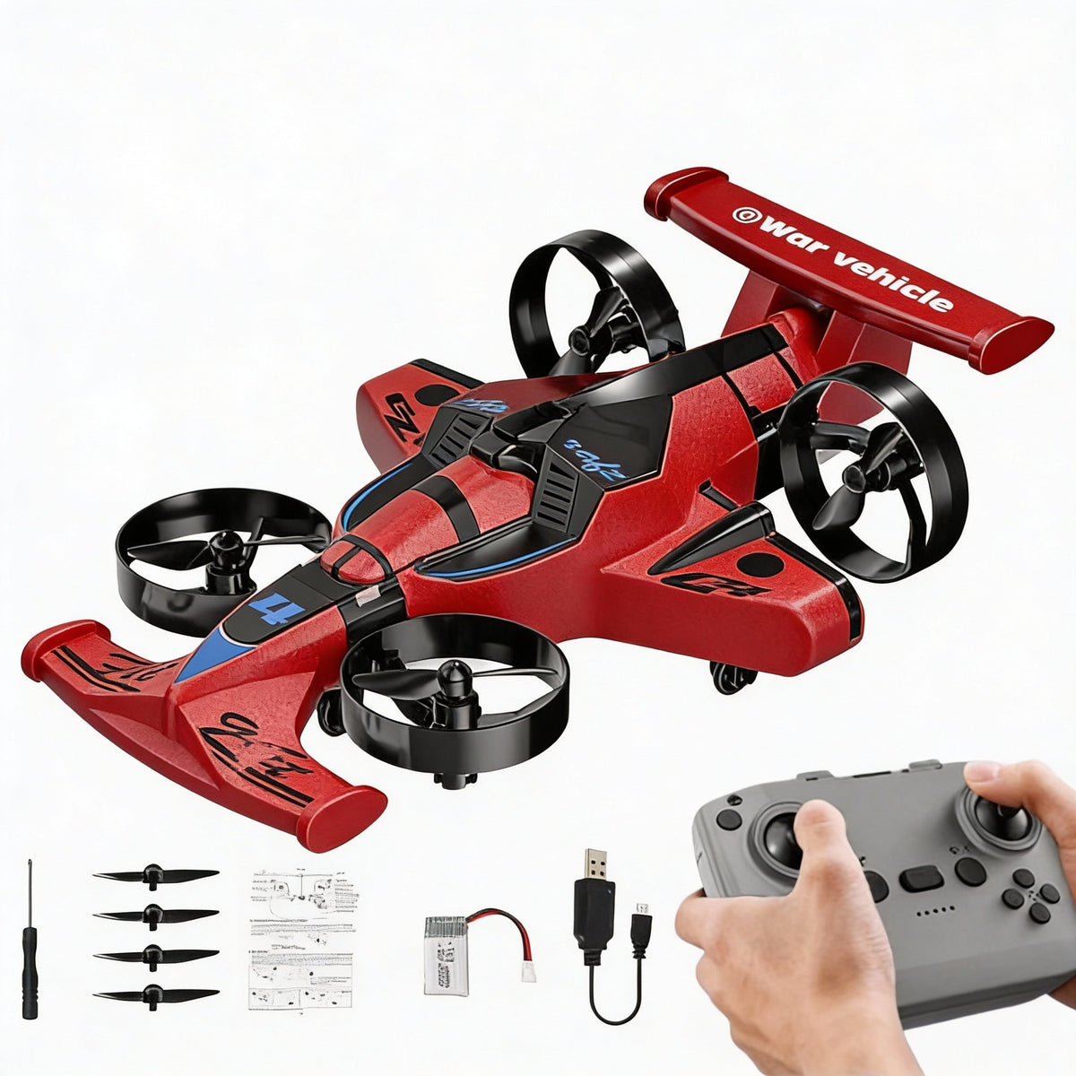 2-in-1 Remote Control Racing Car & Quadcopter One-Key Takeoff 360° Aerial Flips Stable Hover Durable Foam Body Indoor Outdoor Gift for Boys Girls Age 6+ Red - product image 13