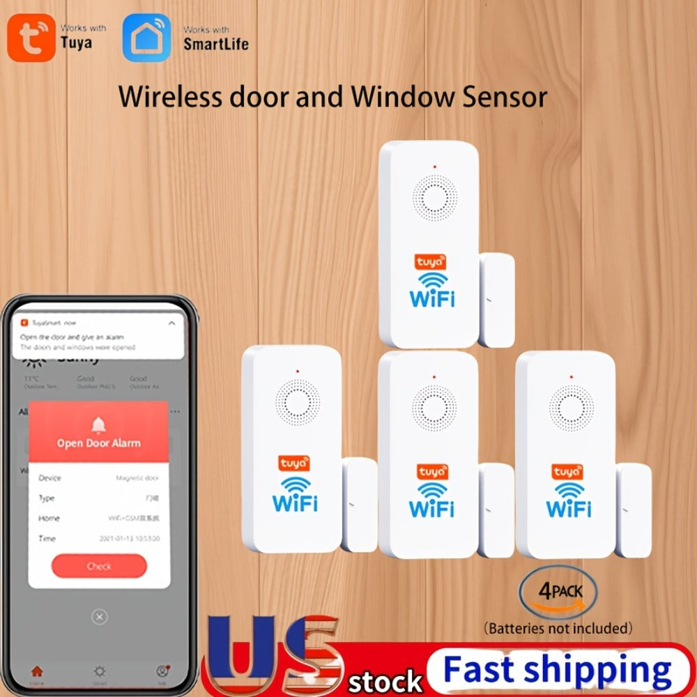 WiFi Door and Window Sensor 4-Pack, Tuya Smart Home Security Alarm System, No Hub Required, App Control, Compatible with Alexa & Google Home - product image