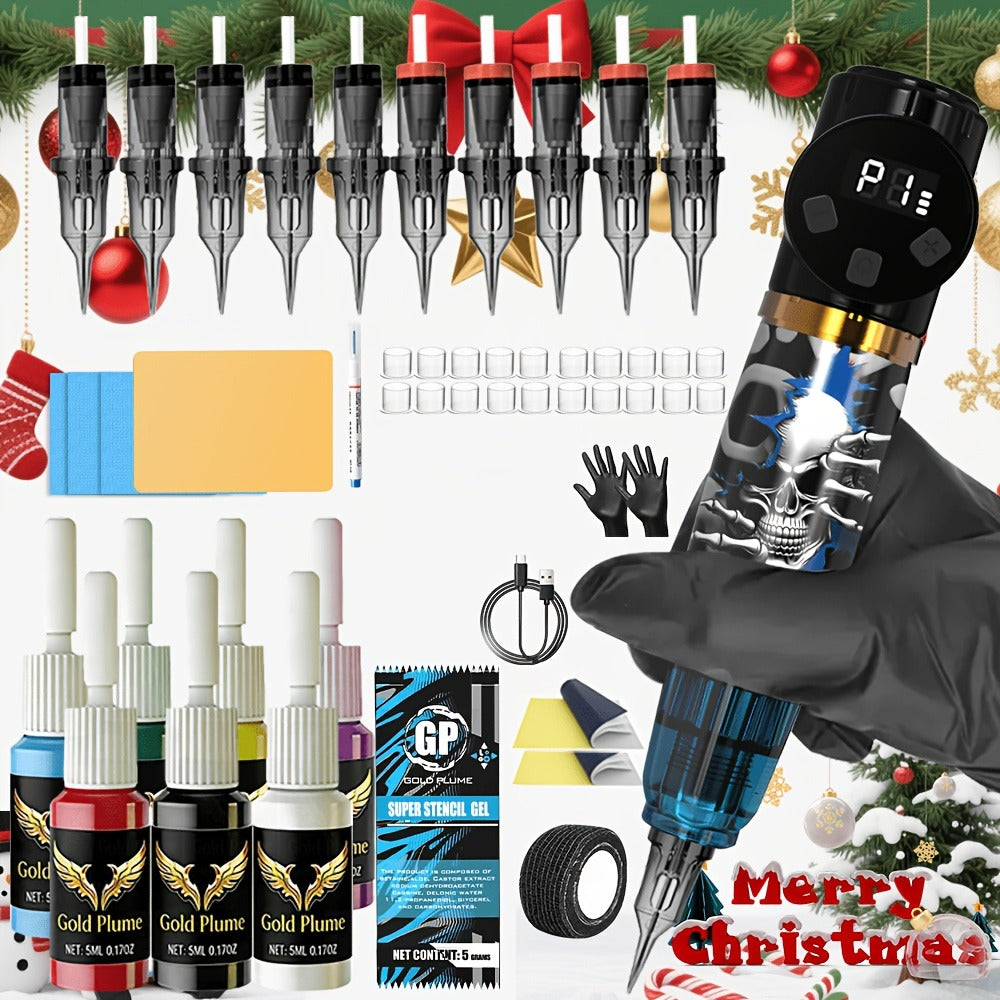 Tattoo Kit for Beginners Complete Set - Cordless Tattoo Gun with 1100mAh Battery, 10 Needles, 7 Ink Bottles, Professional Rotary Tattoo Machine Starter Kit for Women Men Artists - product image
