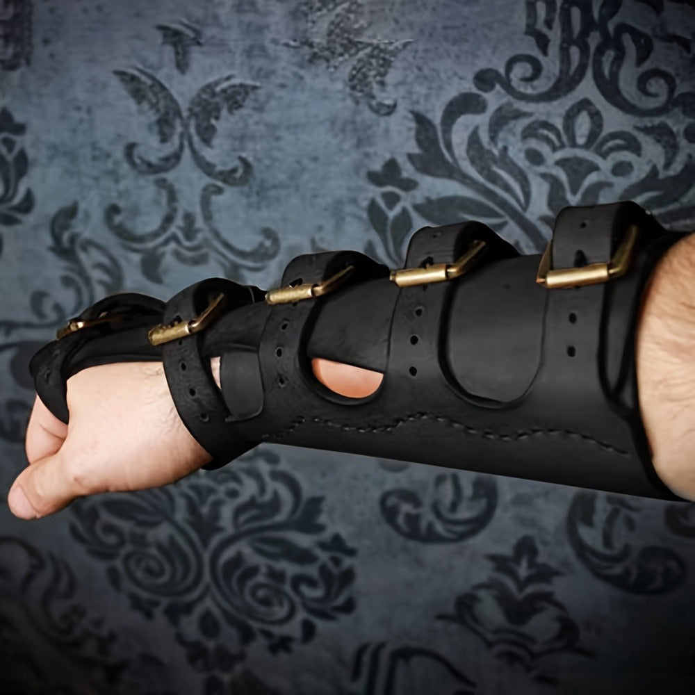 Fantasy Knight Archer Gauntlets for Cosplay Renaissance Faire Halloween Costume Adjustable Brown – LARP Arm Guards Medieval Embossed Faux Leather Elf Bracers