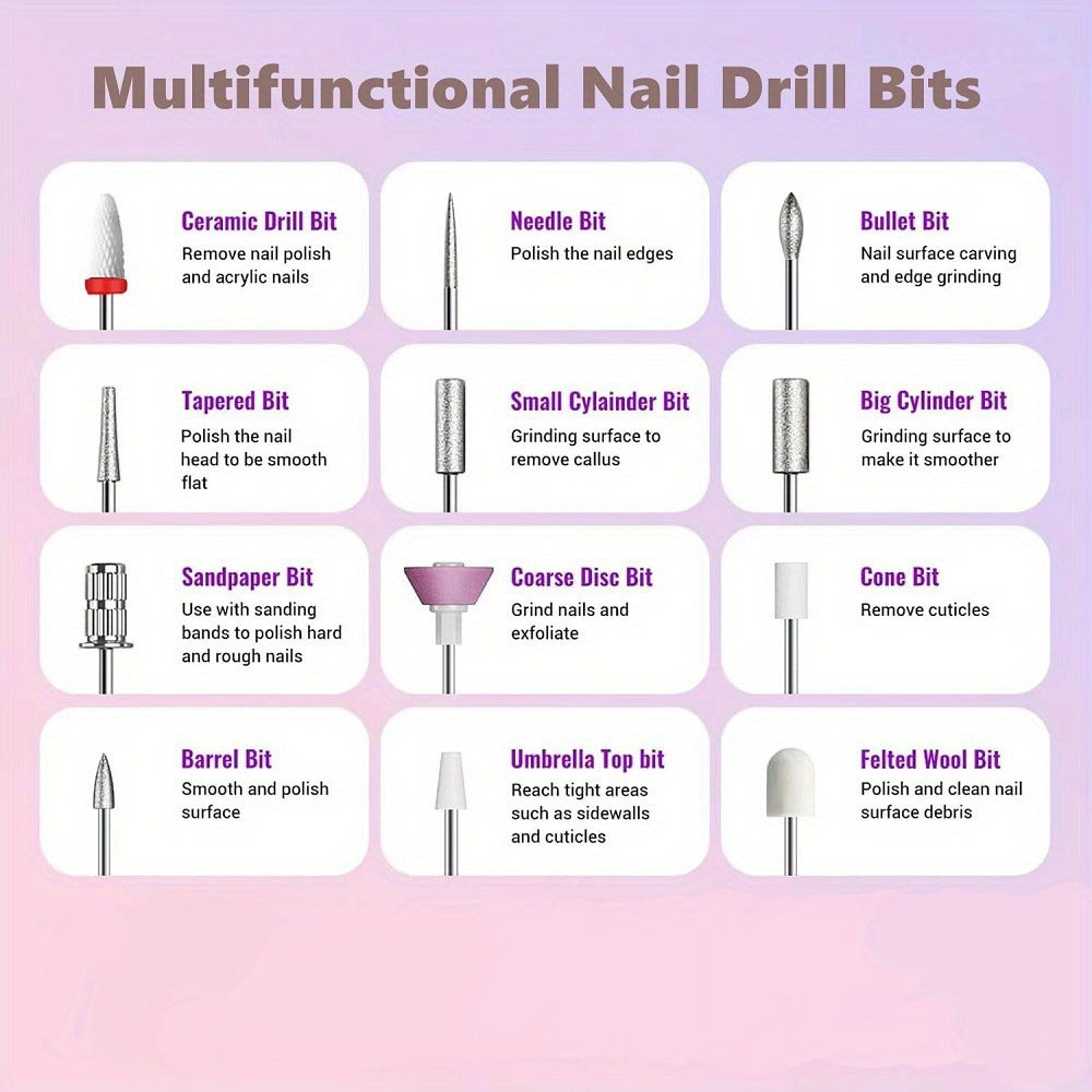 Electric Nail Drill Cordless USB Rechargeable 12 Bits Sanding Bands Manicure Pedicure Kit Low Noise Portable Pen Style Home Salon Beginner Professional Golden White - product image 14