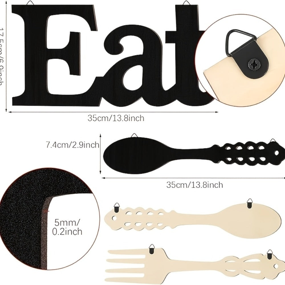 EAT Sign Wall Decor with Fork and Spoon | Rustic Wood Hanging Letters for Kitchen Dining Room | Country Farmhouse Wall Art Wooden EAT Decoration in Black - product image 3