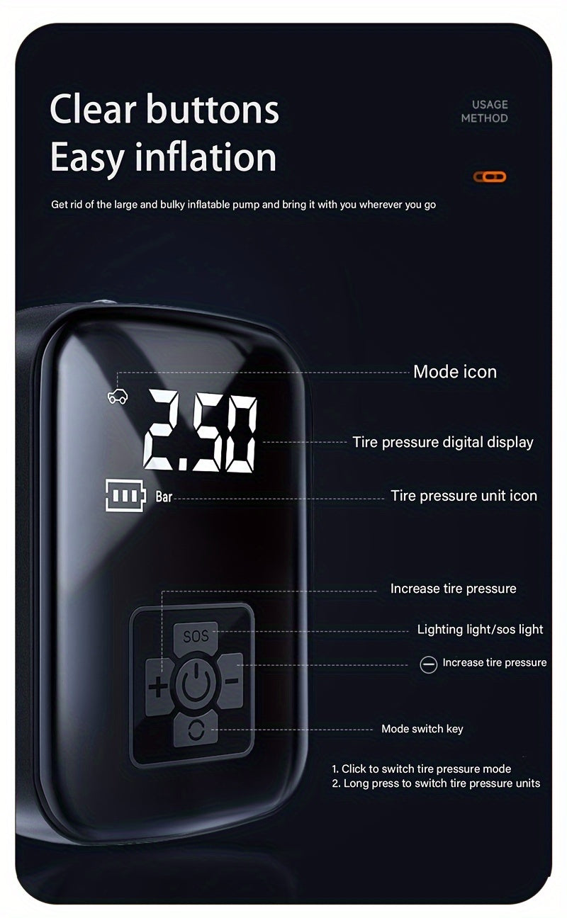 1pc Tire Inflator Portable Air Compressor, Fast Cordless Air Pump, Digital Display With Multi-function Nozzle Adapter and Long-lasting Lithium Battery For Car - product image 22
