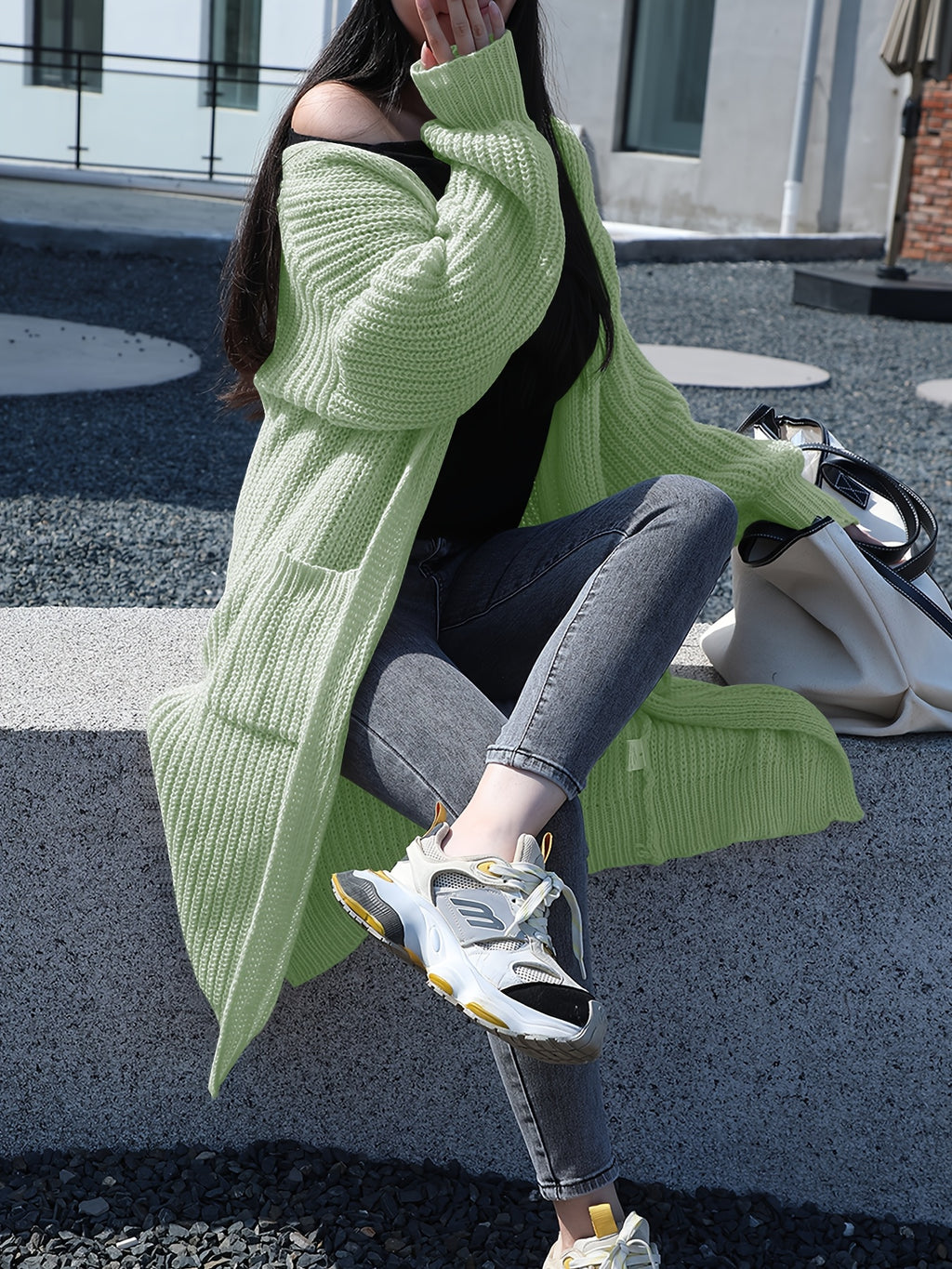 Plus Size, Solid Color Plus-Size Women's Long Pocket Cardigan Loose Over-the-Knee Sweater Coat Fashion Versatile Outerwear - product image 37