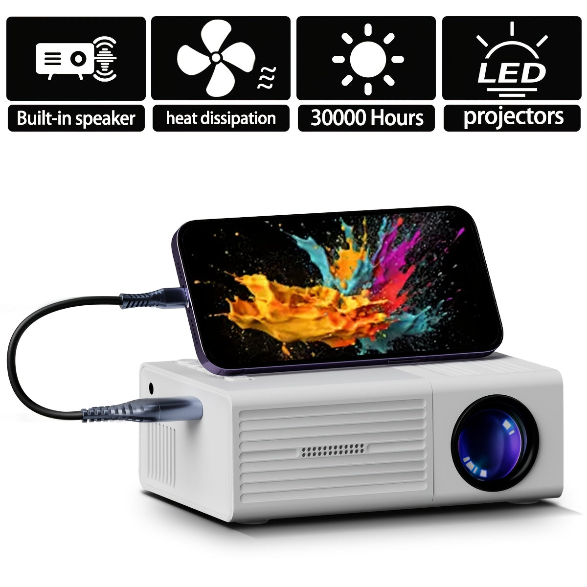 Portable Video Projector, Home Theater Projector, Mini Outdoor Projector, 1920*1080P Resolution, Supports Mobile Phone Projection, Suitable for IOS/TV Stick/USB/laptop and Other Devices