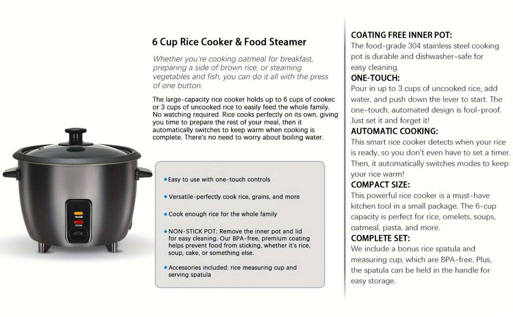 Rice Cooker & Yogurt Maker 3-Cup Nonstick – 1.5Qt Multicooker with Auto Keep Warm, One-Touch Operation, Stainless Steel Inner Liner & Steamer for Grain, Oatmeal & More - product image 17