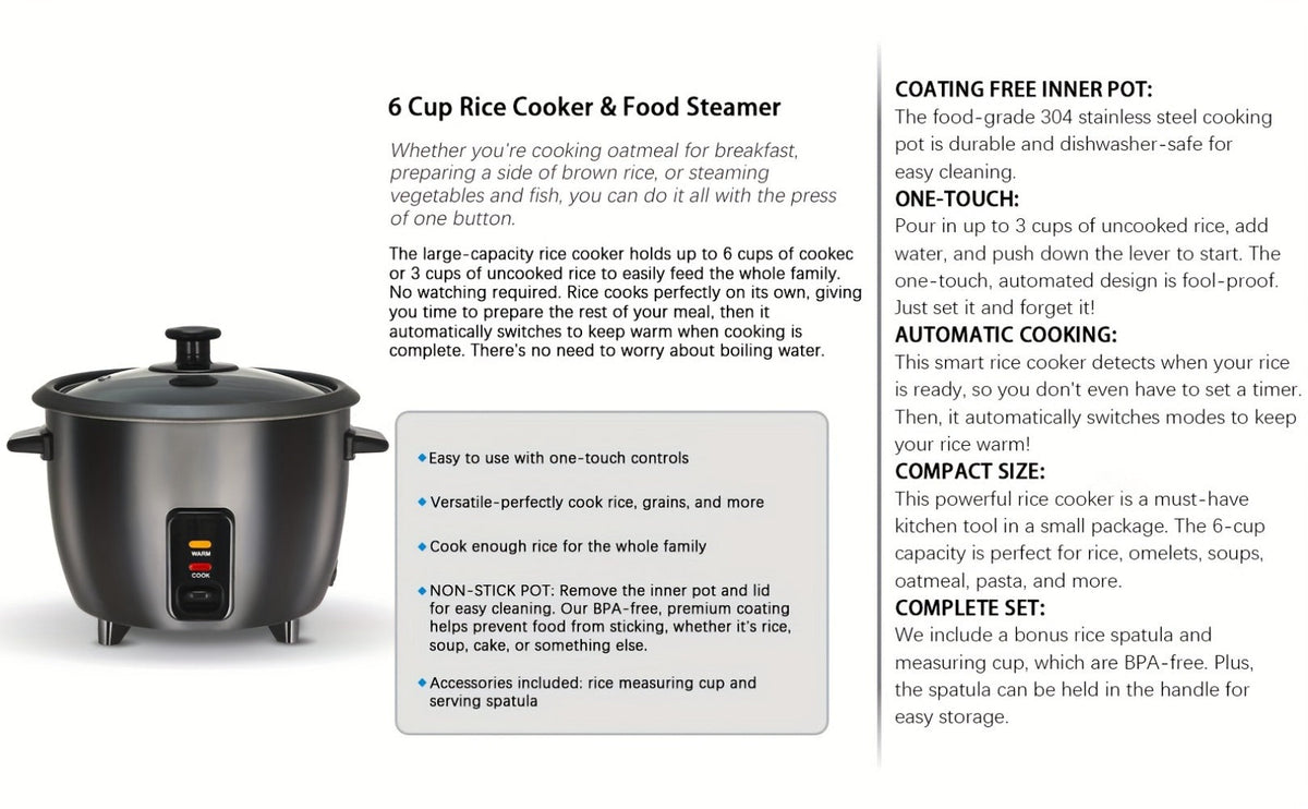 Rice Cooker & Yogurt Maker 3-Cup Nonstick – 1.5Qt Multicooker with Auto Keep Warm, One-Touch Operation, Stainless Steel Inner Liner & Steamer for Grain, Oatmeal & More - product image 17