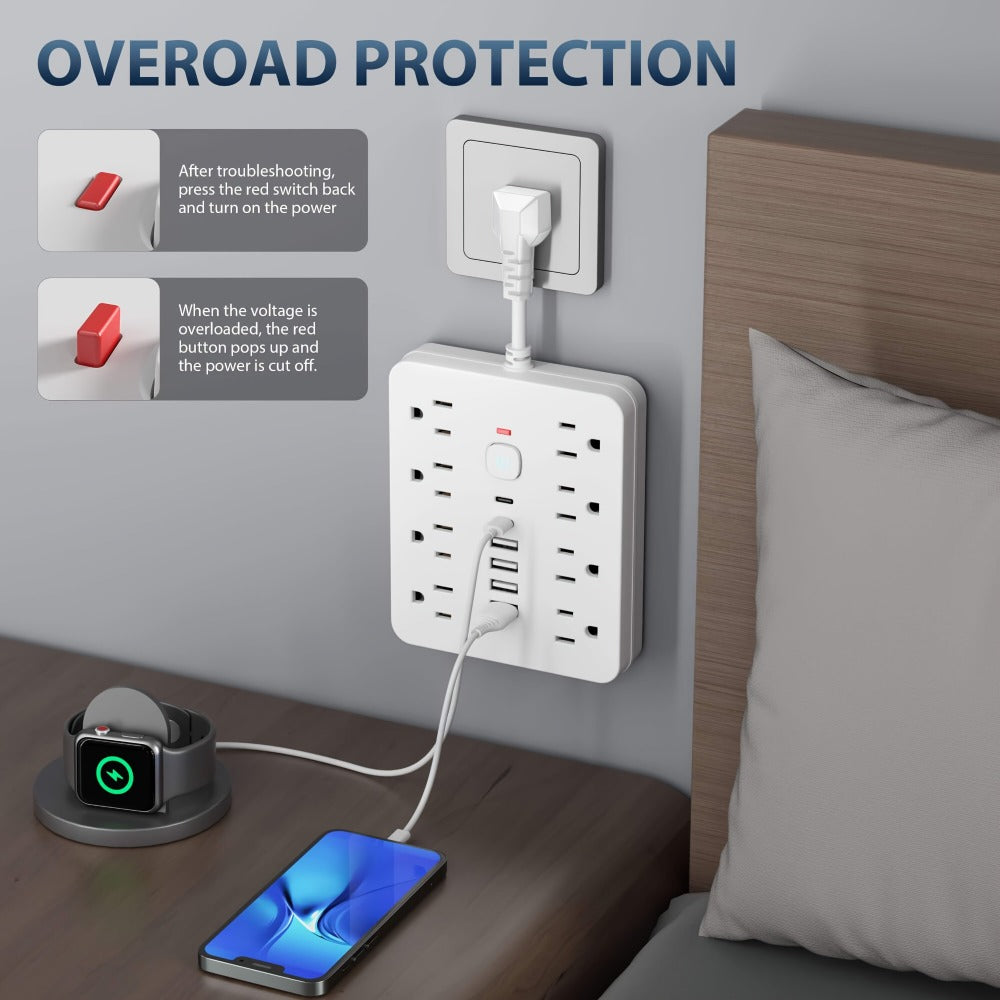 Power Strip Surge Protector 14-in-1 with 8 AC Outlets, 4 USB & 2 Type-C Ports – Flat Plug Space-Saving Extension Cord, Compact Multi-Plug Outlet Expander for Home Office Desk & Kit - product image 7