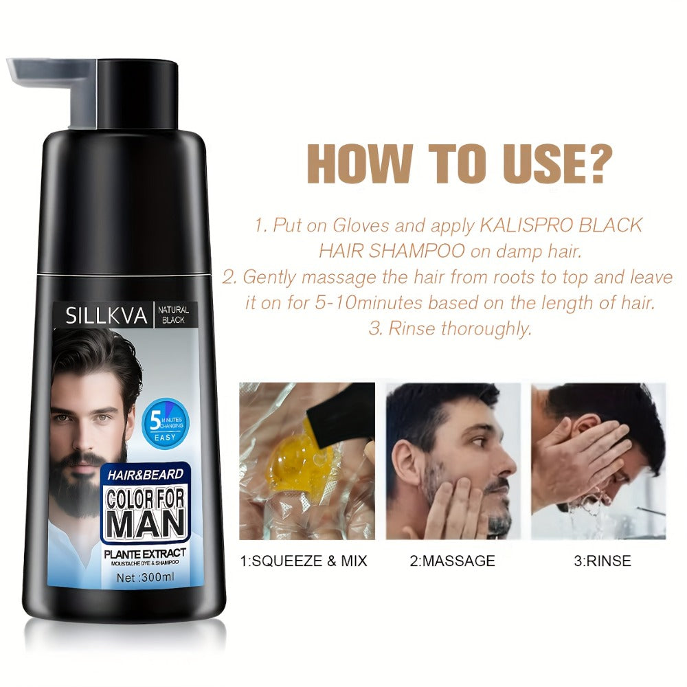 Men's 3-in-1 Black Hair & Beard Dye Shampoo — 8-Minute Gray Coverage, Ammonia-Free Long-Lasting Natural Color, Shampoo + Hair Dye + Beard Dye in One Step, All Hair Types, 10 oz, 1  - product image 12
