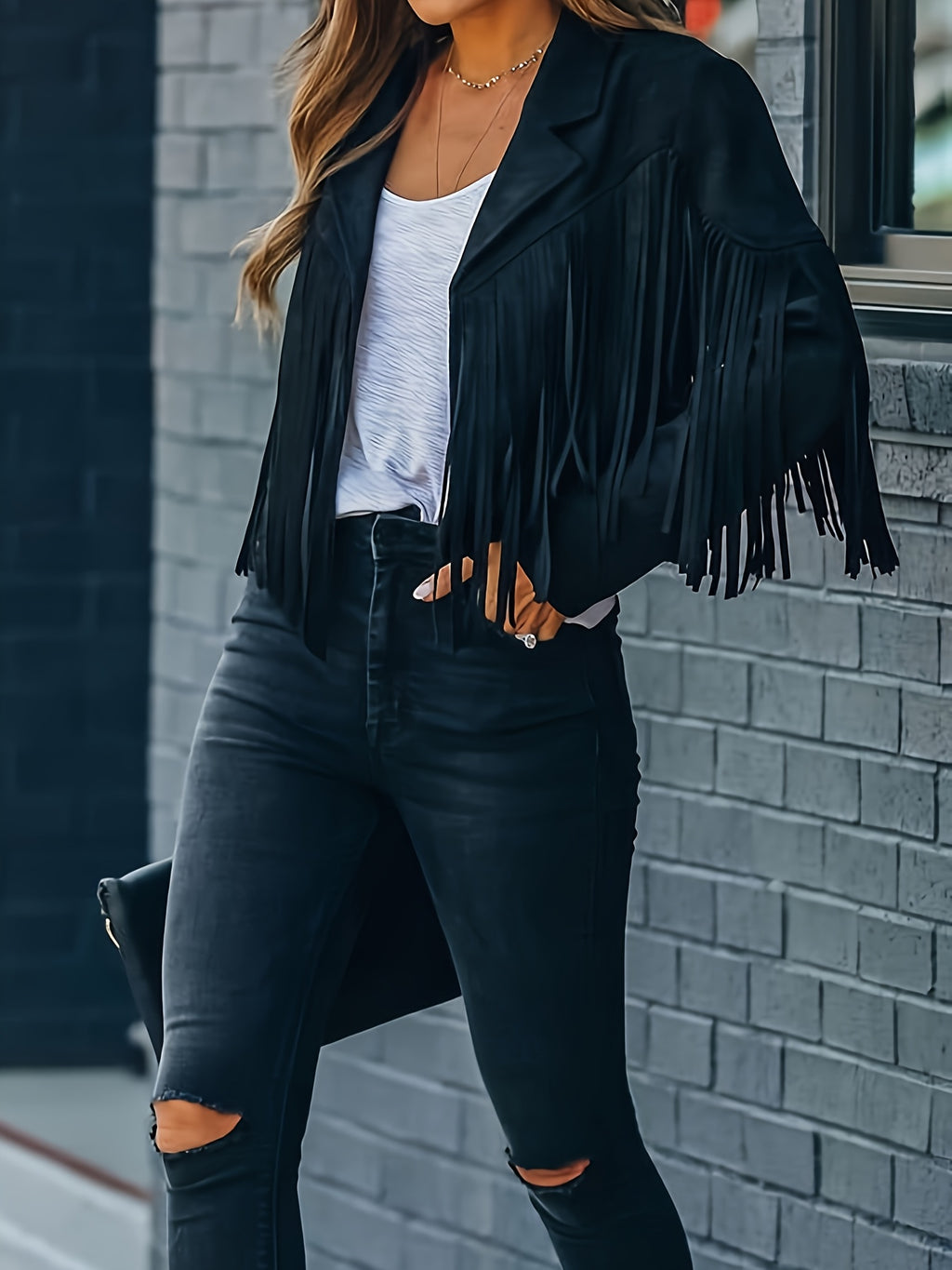 Women's Faux Fringe Jacket, Motorcycle Short Outerwear, 2026 Western Style Fashion Autumn/Winter Long Sleeve Denim Cardigan Jacket, Deer Velvet Faux Fringe - product image 30