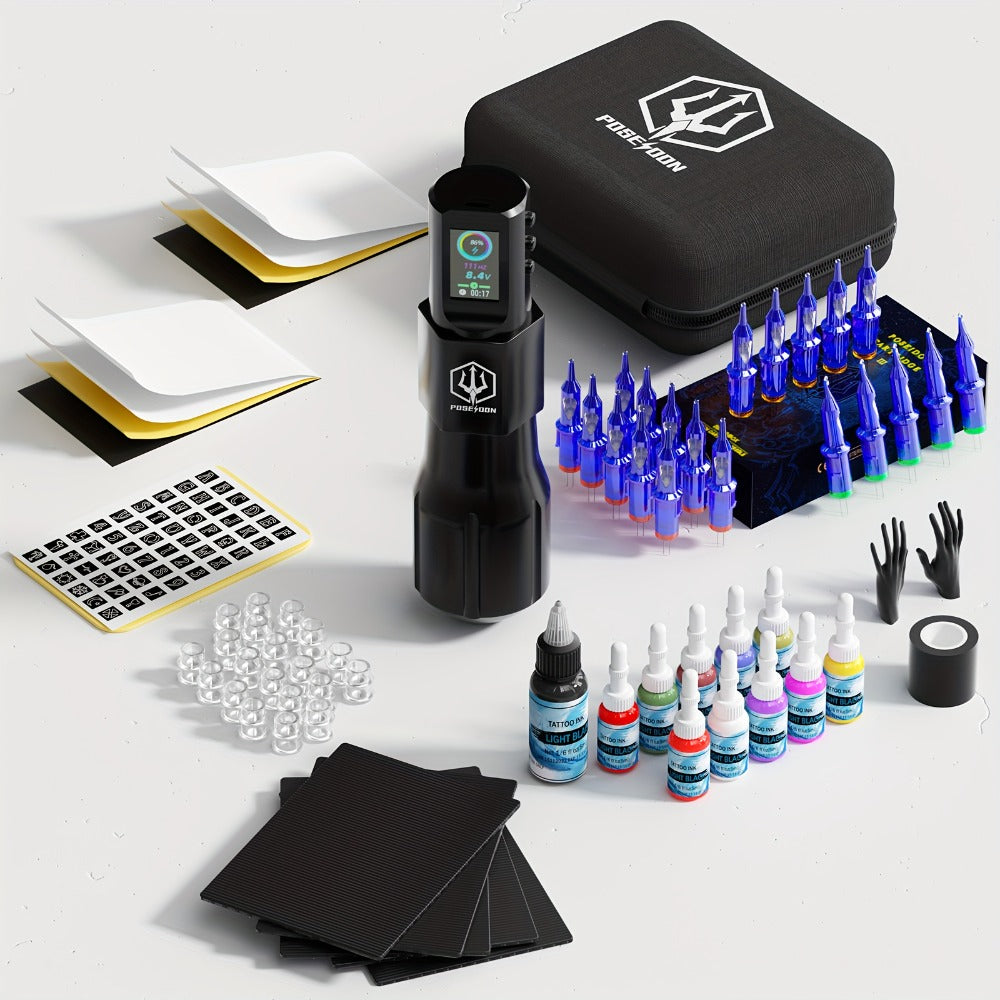 Tattoo Kit Complete Wireless with LCD Screen - POSEIDON LTK08 Battery Pen 20 Needles 11 Inks 6H Runtime Practice Skin Transfer Paper Full Tattoo Supplies for Beginners & Profession - product image 8