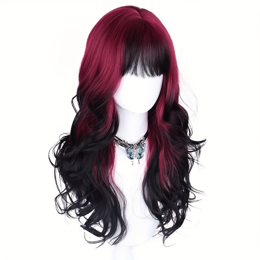 Long Curly Wig Black Red Highlights 28 Inch Wavy Synthetic Rose Net Cap Glamorous Voluminous Hair for Women Cosplay Party Halloween Daily Wear Fashion Statement - product image 3