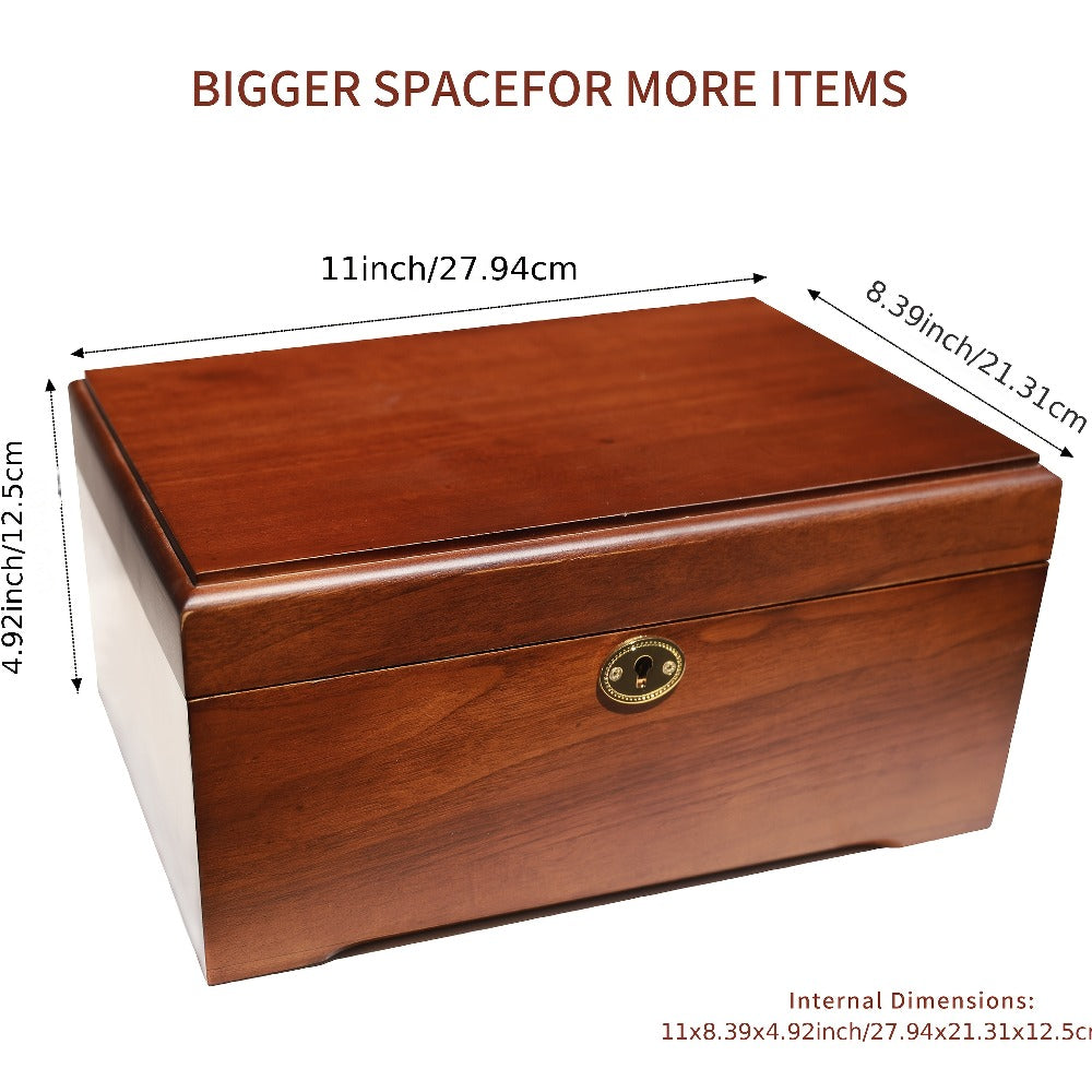Wooden Jewelry Box with Lock Handcrafted Vintage Wood Storage Chest Hinged Lid Key Lock Multipurpose Organizer Keepsakes Home Office Decor 11x8.5x5.25 Inch - product image 3