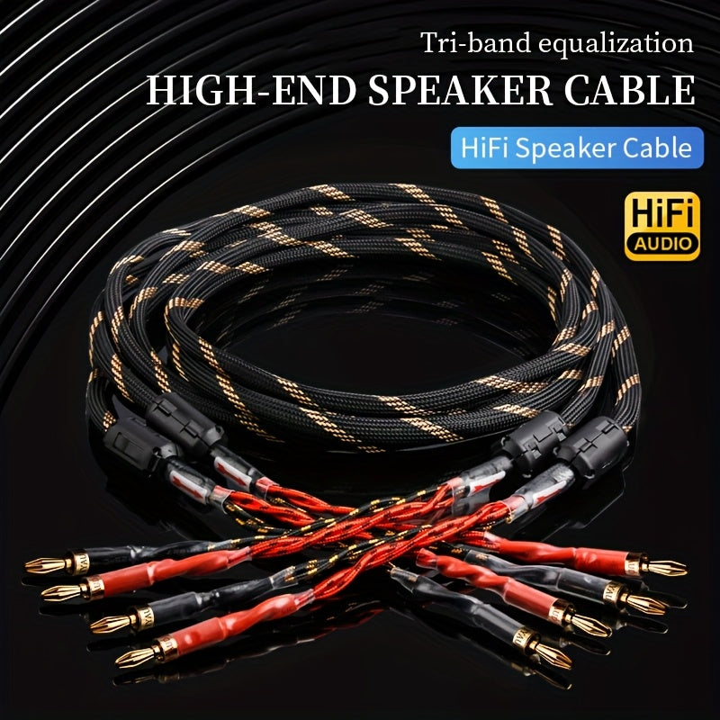 YYAUDlO Premium HlFi Speaker Cables - 1 Pair, High-End OCC Composite Cables for Hi-Fi Systems & Banana Plug Speakers, Black with Red/White Stripes, Male to Male Connector