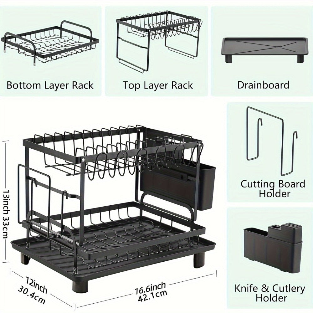 2-Tier Metal Dish Drying Rack with Drainboard – Kitchen Counter Dish Drainer Compact Countertop Drying Rack Black White Gray - product image 3