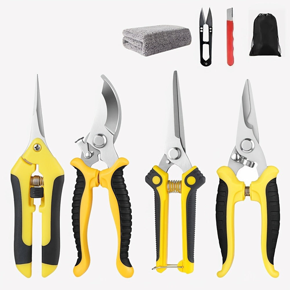 Gardening Pruning Tool Set 8 Piece Stainless Steel | Pruning Shears Scissors Pliers Ergonomic Handle with Wiping Cloth | Lawn Tree Garden Care Kit Orange Yellow Green - product image 5