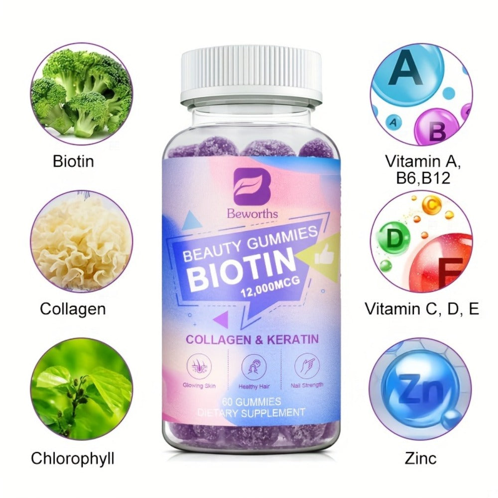 Biotin Gummies 12000mcg — with Collagen, Keratin, Chlorophyll, Zinc & Vitamins A B6 B12 C D E | Hair, Skin & Nail Support for Women & Men | 60 Gummies - product image 5