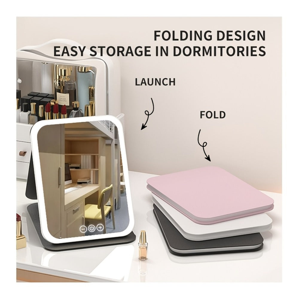 Portable LED Makeup Mirror Folding with Touch Screen - USB Rechargeable Vanity Mirror, Tri-Color Dimmable Lighting, Travel Desk Tabletop, Square or Round Shape, Pink or White, Cord - product image 2